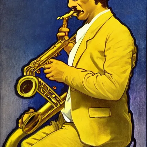 Image similar to man sitting in a yellow costume with a yellow hat holding a saxophone, smoking a cigarette, blue skin, blue smoke, dark background, realistic painting, artwork, meditative, alphonse mucha