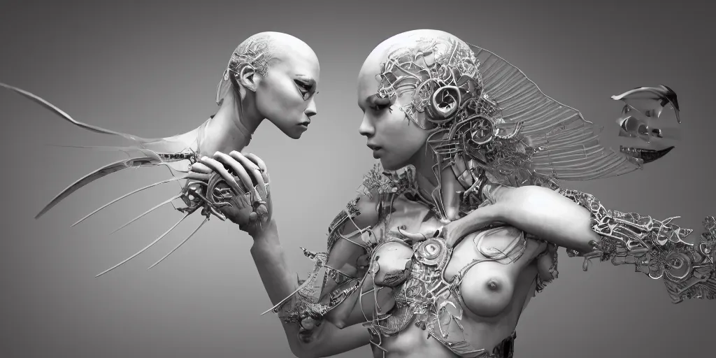 Prompt: hyper realistic photography of a stunningly cyborg female, intimate, holding hands, kissing, delicate fan of blades, in the style of beth cavener, jin kagetsu,, and wlop, highly detailed, intricate filigree, chrome face symmetry, masterpiece, award - winning, sharp focus, concept art, high key, ambient lighting, 8 k, octane render,