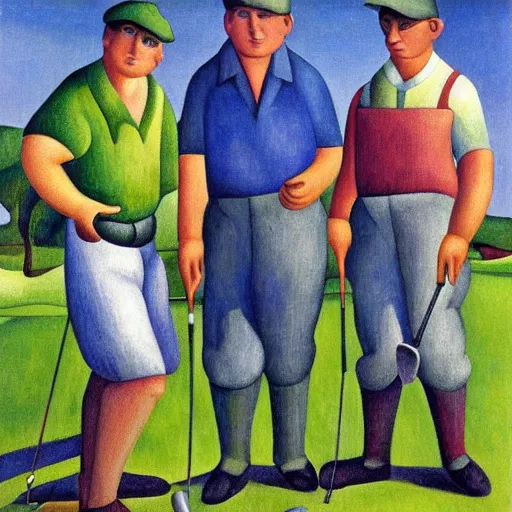 Image similar to Three golfers on a beautiful golf course, by Diego Rivera