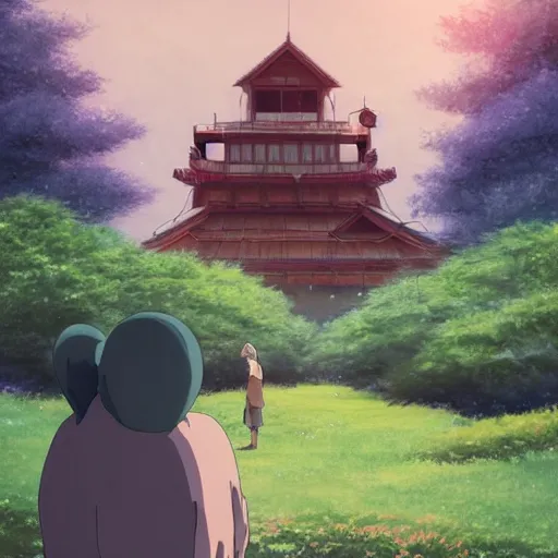 Prompt: guy and a friendly creature in the spirited away style, 4k art, high detail, smooth, anime beautiful peace scene, detailed face, studio ghibli, sharp focus high quality, fantasy, forest, detailed, wonderful, sky, night, detailed creature,