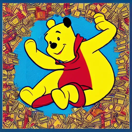 Image similar to winnie the pooh wearing a coogi sweater, fanning large amounts of dollar bills. in the style of cd cover art