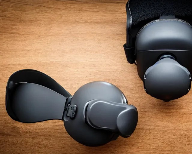 Image similar to Professional slick Product marketing photo. Steam's Valve Index HMD VR Headset. Slick and shiny presentation. Well organized and minimalist.