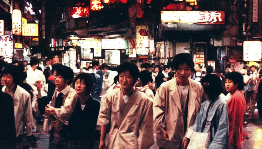 Image similar to masterful photography by haruto hoshi and yang seung woo and saul leiter, young people enjoying night life in kabuki cho japan in the 1 9 9 0 s, film grain, full color, shot on kodak gold with a canon 3 5 mm lens aperture f / 5. 6, hyperrealistic