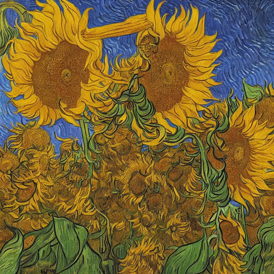 Image similar to Artwork about a magnificent sunflower within a tribal dreamcatcher that contains a huge treehouse', by Van Gogh