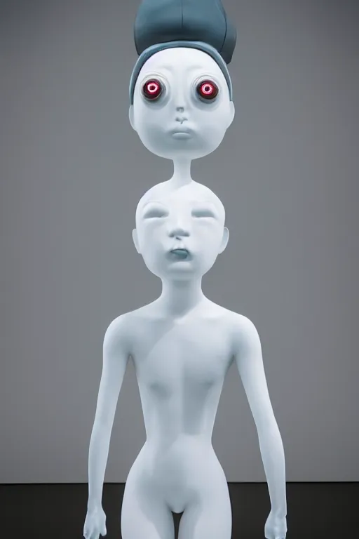 Prompt: full head and shoulders, beautiful porcelain female person, mixed with three giant frog spawn eyes, smooth, delicate facial features, white detailed eyes, white lashes, 3 d white shiny thick, wearing colourful streetwear, background is an empty art gallery, by daniel arsham and james jean, featured in pictoplasma