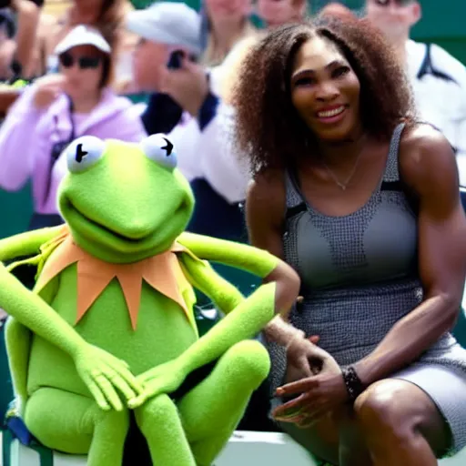 Image similar to Kermit the frog and Serena Williams playing tennis sports journalism 4k hd