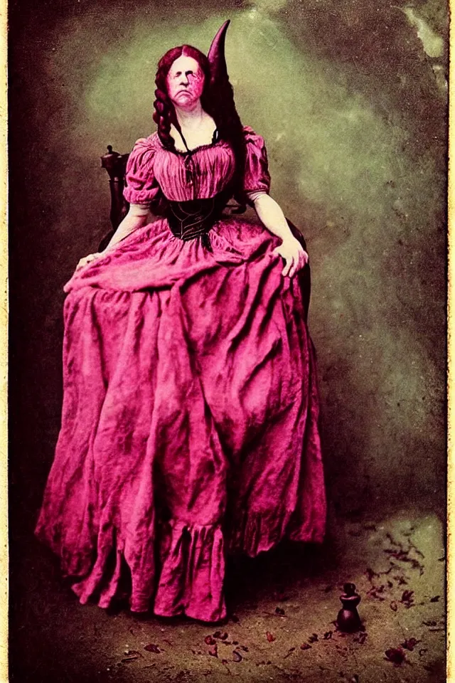 Prompt: colorful portrait of a witch, pink dress, evil, 1 8 0 0 s victorian photo, hand coloured photo, atmospheric, highly detailed, by joel peter witkin