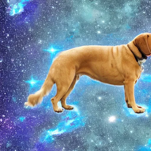 Image similar to a photograph of a huge dog in space made of turquoise colored crystals