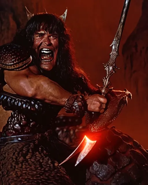 Prompt: closeup Photo of Conan the Barbarian fighting a dragon with a sword in a dungeon, rim lighting, octane, Frank frazetta, Edgar Rice Burroughs,
