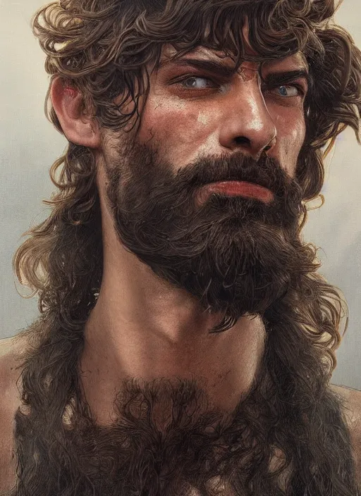 Prompt: close up portrait painting of a bearded rockstar, ultra realistic, concept art, intricate details, serious, highly detailed, photorealistic, octane render, 8 k, unreal engine. art by artgerm and greg rutkowski and alphonse mucha