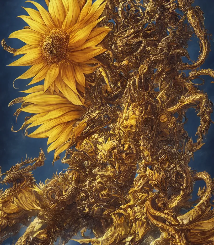 Prompt: A sunflower deity, epic, highly detailed, close-up, fantasy art, dragon art, in the style of masami kurumada, illustration, epic, fantasy, intricate, hyper detailed, artstation, concept art, smooth, sharp focus, ray tracing