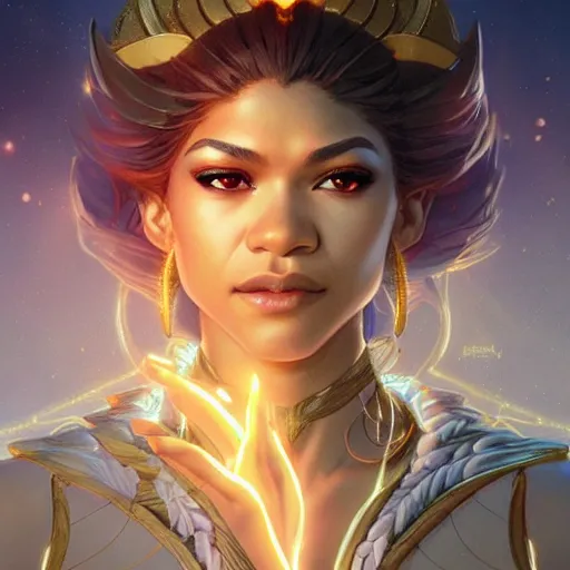 Prompt: zendaya as the goddess of light, art by artgerm and greg rutkowski and sakimichan, trending on artstation