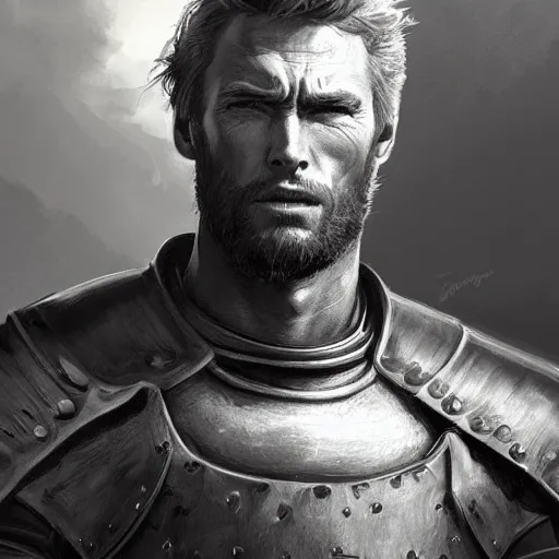 Image similar to rugged male knight, young clint eastwood, headshot, D&D, painted fantasy character portrait, highly detailed, digital painting, artstation, concept art, sharp focus, illustration, art by artgerm and greg rutkowski and alphonse mucha