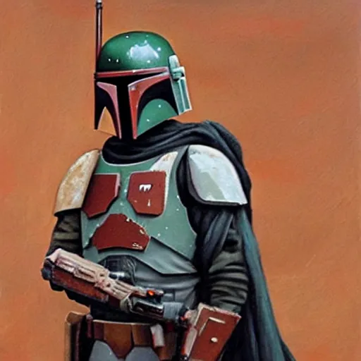 Image similar to Boba Fett looking at a giant cliff on Tatooine, oil painting