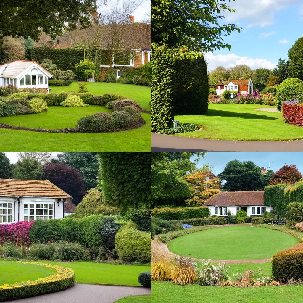 Prompt: a bungalow next to a semicircled shaped park in Stanmore Winchester UK.