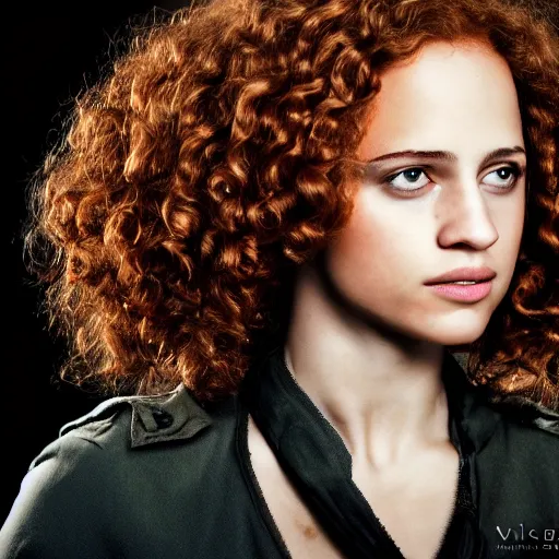 Image similar to Curly ginger hair Alicia Vikander, realistic, photo studio, HDR, 8k, trending on artstation