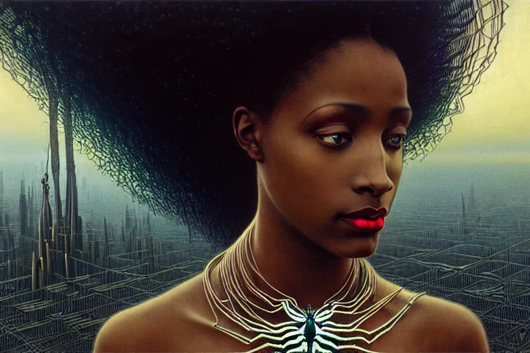 Image similar to realistic detailed photorealistic portrait movie shot of a beautiful black woman with a giant spider, dystopian city landscape background by jean delville, denis villeneuve, amano, yves tanguy, alphonse mucha, ernst haeckel, david lynch, edward robert hughes, roger dean, cyber necklace, rich moody colours, cyber patterns, wide angle