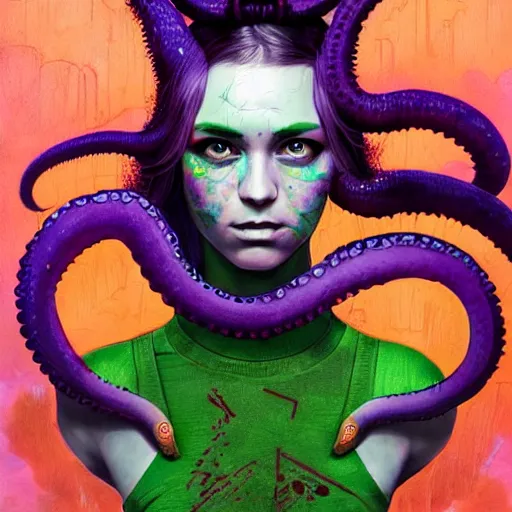 Image similar to art portrait of a furious girl with purple tentacles on her head, and bright green eyes, 8k,by tristan eaton, Stanley Artgermm,Tom Bagshaw,Greg Rutkowski,Carne Griffiths,trending on DeviantArt, face enhance,hyper detailed ,full of colour,