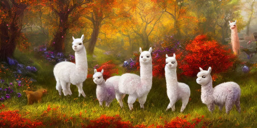 Prompt: detailed fairy alpacas with butterfly wings in an autumn meadow, fantasy, vibrant, magical, fantasy, 8 k, high quality, oil painting, digital art, trending on artstation