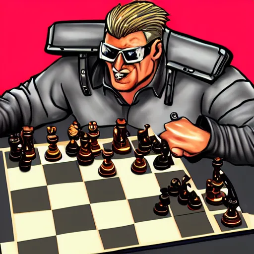 Prompt: Duke Nukem playing chess, Duke Nukem art style, explosive background