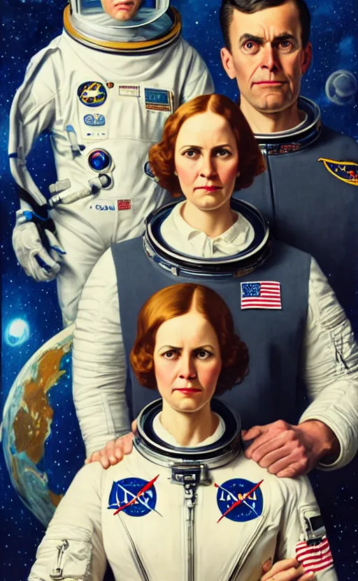 Prompt: super super super epic cinematic shot of an astronaut couple, American Gothic style, 8k scene, digital art, drawn by j.c. leyendecker, amazing quality