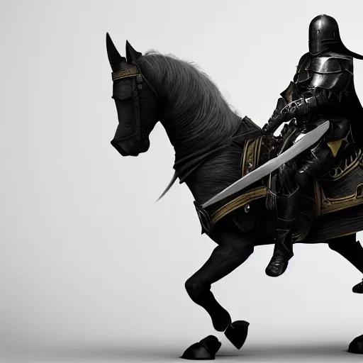 Image similar to Knight wearing a full suit of black armor, sword in hand, riding a ghost horse, digital art, high quality render, unreal engine, 4k, trending on artstation