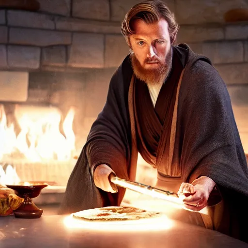 Image similar to A still of Alec Guinnes as Obi-Wan Kenobi making a pizza, 4k, photograph, ultra realistic, highly detailed, professional lighting
