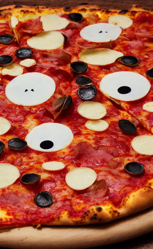 Prompt: photograph. pizza with eyes, photo, photorealistic, realistic, detailed, hyperrealistic, 4 k, 8 k, hdr, 1 6 k