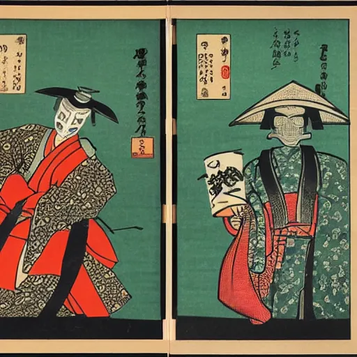 Image similar to ancient Japanese woodcut block print ukiyo-e plague doctor triptych