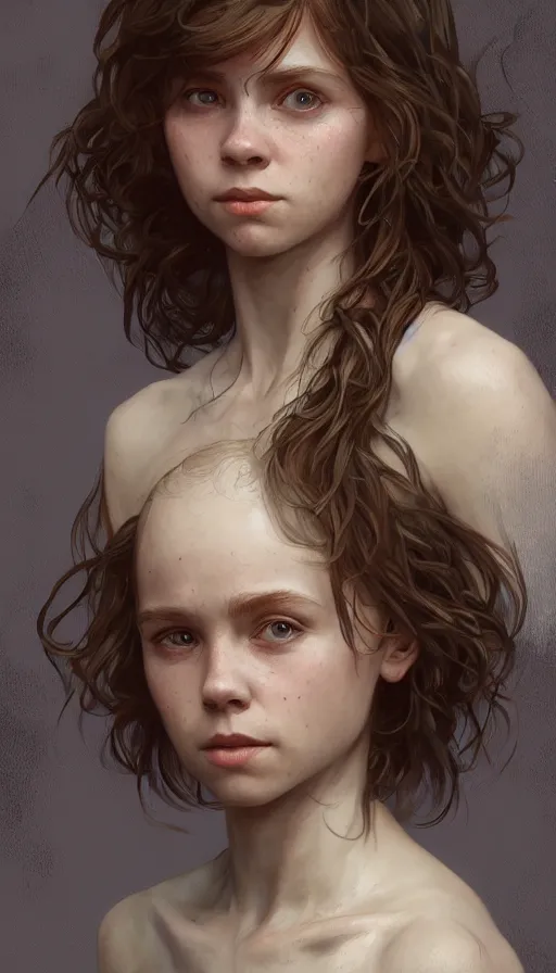 Prompt: Sophia Lillis, long hair, sweaty, insane, intricate, highly detailed, digital painting, artstation, concept art, smooth, sharp focus, illustration, Unreal Engine 5, 8K, art by artgerm and greg rutkowski and alphonse mucha