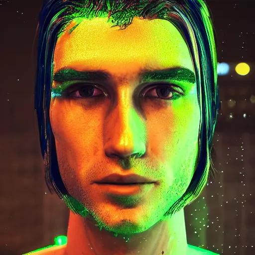 Prompt: human portrait made out of neon rain, handsome, epic detail, rendered in octane, unreal engine