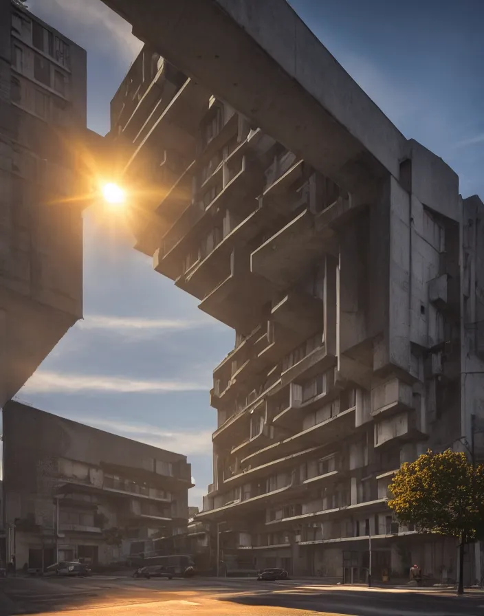 Prompt: brutalist architecture streetscapes stunning volumetric lighting sunset