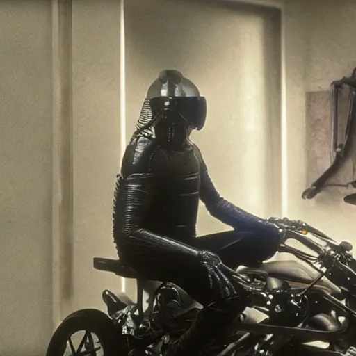 Image similar to a man sitting on a motorcycle in a room, a screenshot by giger, cg society, holography, reimagined by industrial light and magic, movie still, sci - fi