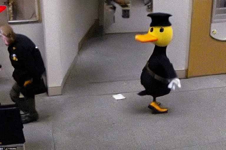 Prompt: heavily armed donald the duck walks past chairs, security cam footage, cafeteria, columbine, associated press, grainy