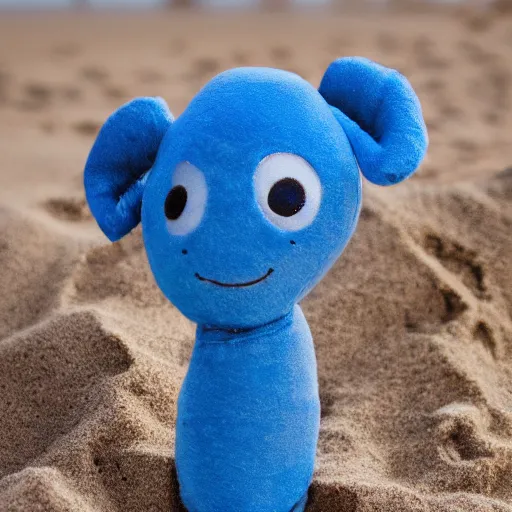 Image similar to blue'snappy gifts'plush doll, on beach sand, gifts, dark atmosphere, high detail, soft lighting, 8 k