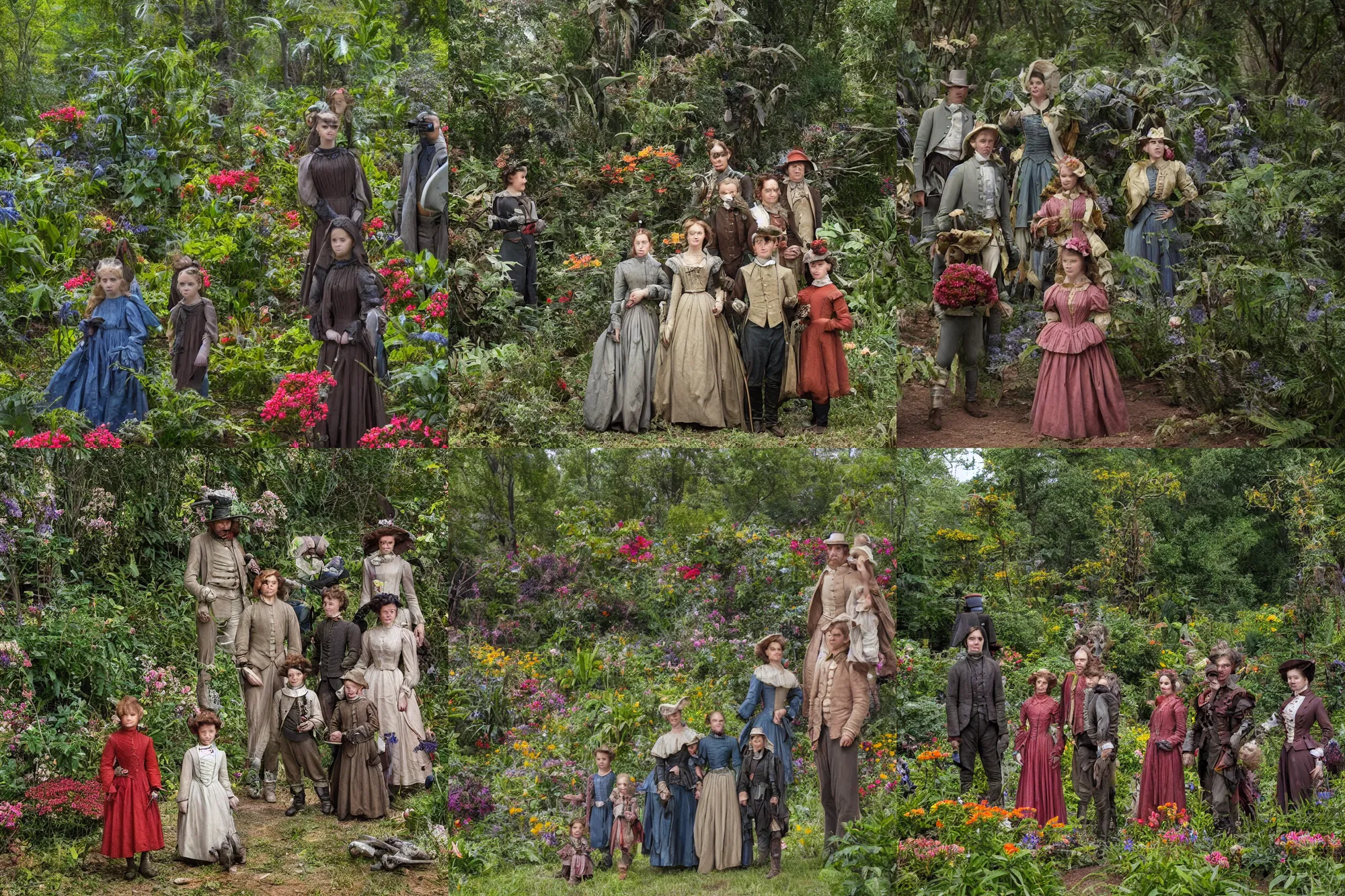 Prompt: sharp, highly detailed, 36864k film, 175000mm film still from a sci fi blockbuster color movie made in 2019, set in 1860, of a family standing in a park, next to some strange alien plants and flowers, on an alien planet, the family are all wearing 1860s era clothes, good lighting, enhanced faces, 35mm f/1.4L lens