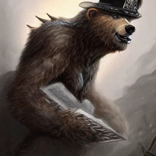 Image similar to dashing charming grinning charismatic bear beast-man rogue, wearing captain's tricorne hat, naval background, amazing, lifelike award winning pencil illustration trending on art station artgerm Greg rutkowski cinematic