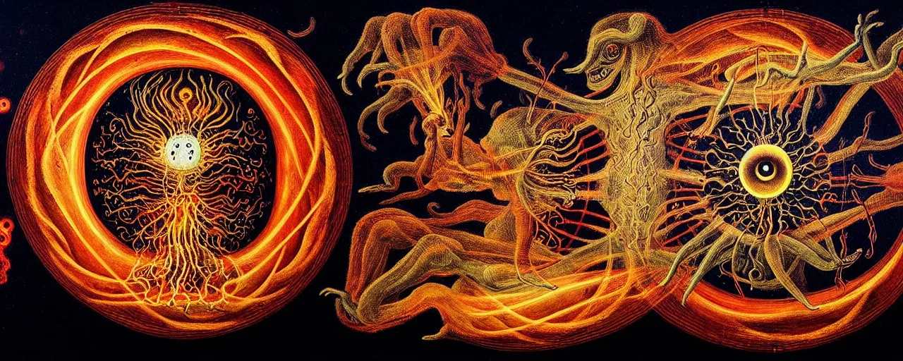 Image similar to a strange fire creature with endearing eyes radiates a unique canto'as above so below'while being ignited by the spirit of haeckel and robert fludd, breakthrough is iminent, glory be to the magic within, in honor of saturn, painted by ronny khalil