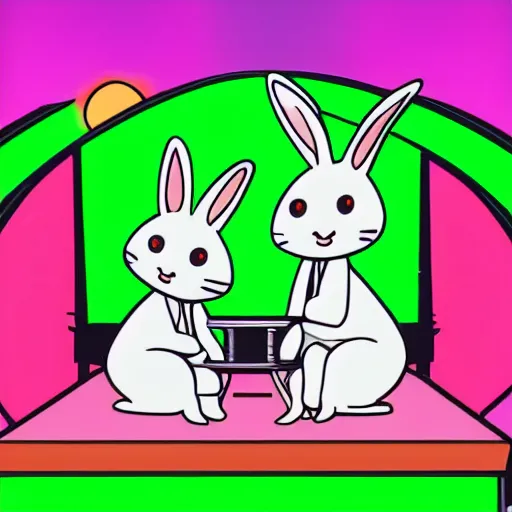 Prompt: two rabbits laying music on a stage with green and pink stage lights