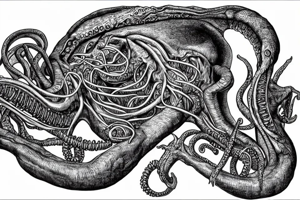 Image similar to Medical illustration of a Cthulhu's anatomy, with labels. High quality, highly detailed, professional medical illustration.