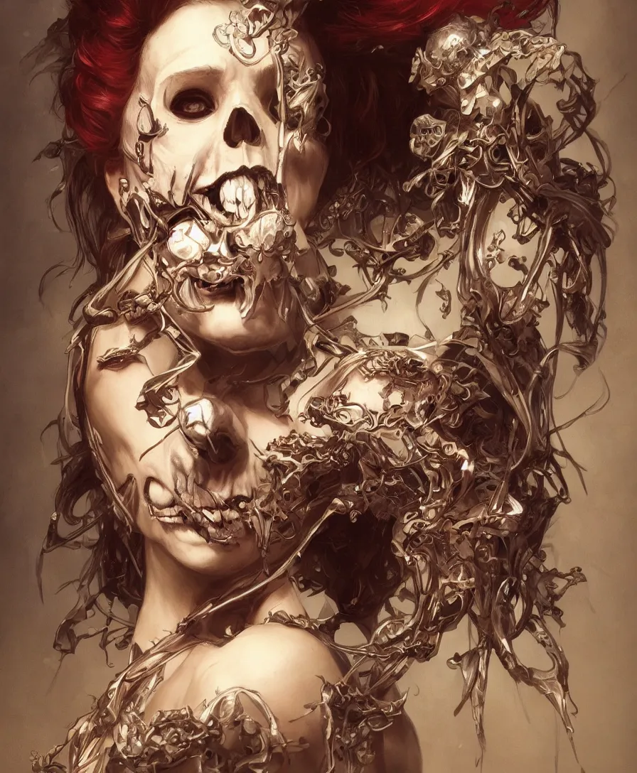 Prompt: Hyperrealistic portrait of skull clown, fantasy, intricate, elegant, highly detailed, digital painting, trending artstation, concept art, smooth, sharp focus, illustration, art by artgerm and greg rutkowski and alphonse mucha