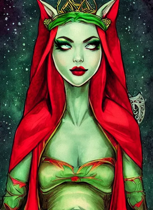 Prompt: tarot portrait of beautiful elf queen, red robes, green hair, lipstick, dark fantasy, by rossdraws, card border