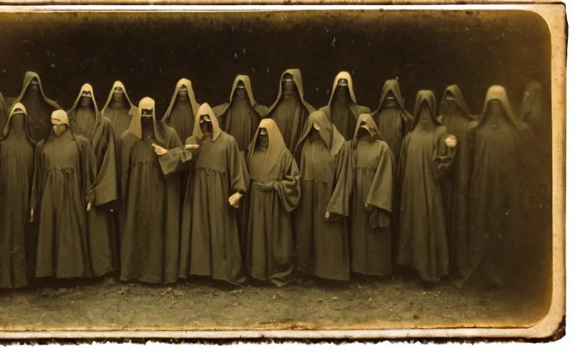 Image similar to a old daguerreotype photo of a group of cultists, wearing robes, wearing hoods, on a pilgrimage to hell, grainy, old photo, golden ratio, scary, horror photography, 5 0 mm lens, f 1. 8