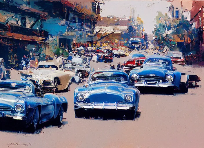 Image similar to 5 hotrods driving down a street , vintage, highly detailed, loose brush strokes, by John Berkey