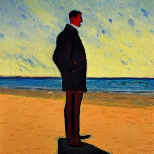 Image similar to a fauvist painting of a man holding his coat, on an empty beach at sunrise, long shadows,