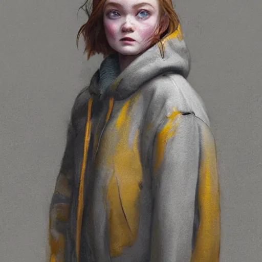 Prompt: a highly detailed epic cinematic concept art CG render digital painting artwork costume design: Sadie Sink, pixie shaved cut, side, in a used 1950s man's coat and hoodie. muted grey colors with tiny yellow accents. By Greg Rutkowski, Ilya Kuvshinov, WLOP, Stanley Artgerm Lau, Ruan Jia and Fenghua Zhong, trending on ArtStation, made in Maya, Blender and Photoshop, octane render, excellent composition, cinematic atmosphere, dynamic dramatic cinematic lighting, aesthetic, very inspirational, arthouse