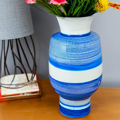 Image similar to ceramic tall vase with round handles and blue strips