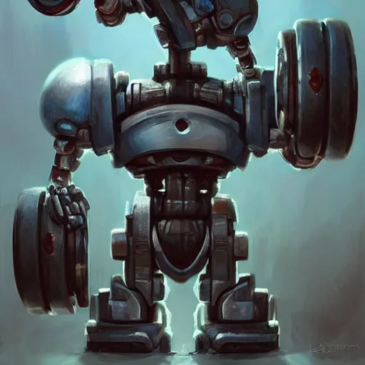 Image similar to robot [ thing ], lifting dumbbells, drinking a shake, tiny, small, short, cute and adorable, pretty, beautiful, dnd character art portrait, matte fantasy painting, deviantart artstation, by jason felix by steve argyle by tyler jacobson by peter mohrbacher, cinema