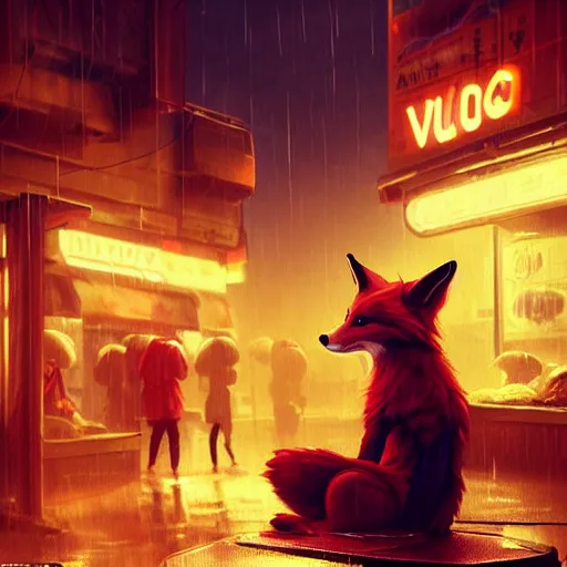 Prompt: splash art of cute female anthropomorphic vulpes vulpes fox sitting by a noodle stand in the crowded street of a cyberpunk city, rain, cyberpunk clothes, bright neon lights, atmospheric : by weta, greg rutkowski, wlop, ilya kuvshinov, rossdraws, artgerm, octane render, liosh, mucha