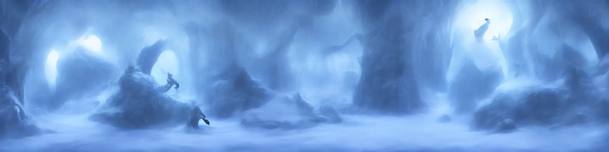 Prompt: huge snow cave with cinematic lighting in the style of ori and the blind forest, highly detailed, digital art 4k, 8k